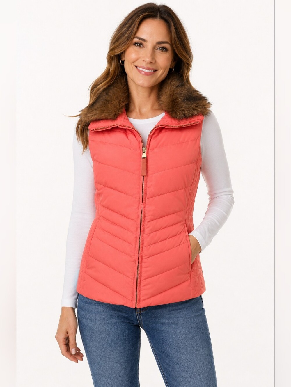 Talbots Severn Chevron Quilted Down Puffer Vest Faux Fur Collar Coral S
